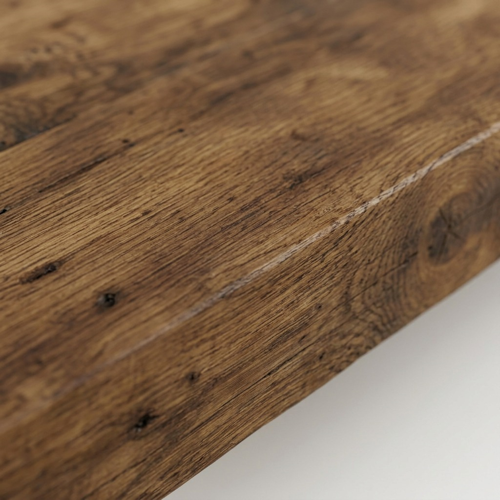 Extreme close-up of a rustic wood beam, highlighting deep grain, knots, and dark patina.