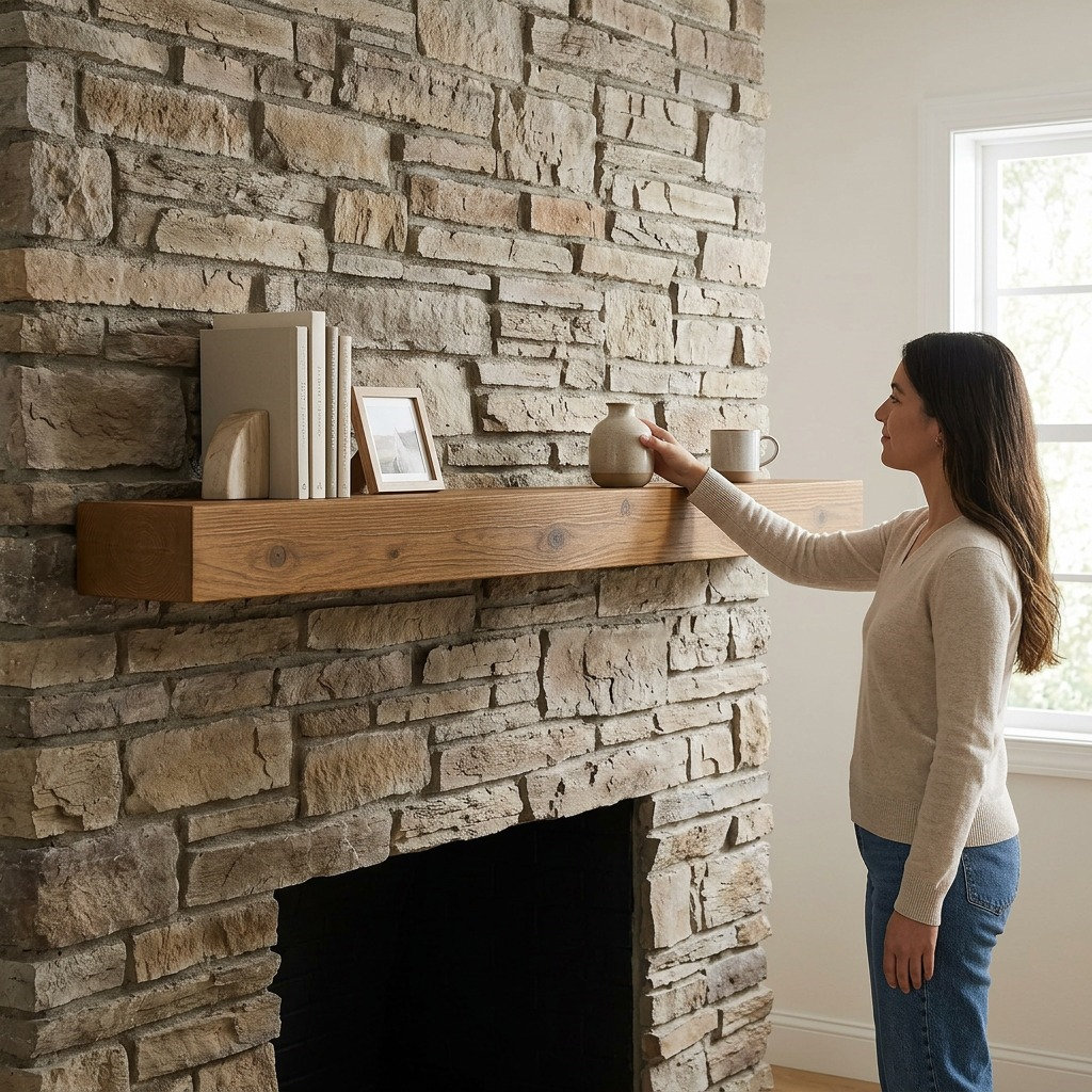 A 60-inch floating wood mantel beside a person, demonstrating its length and scale.