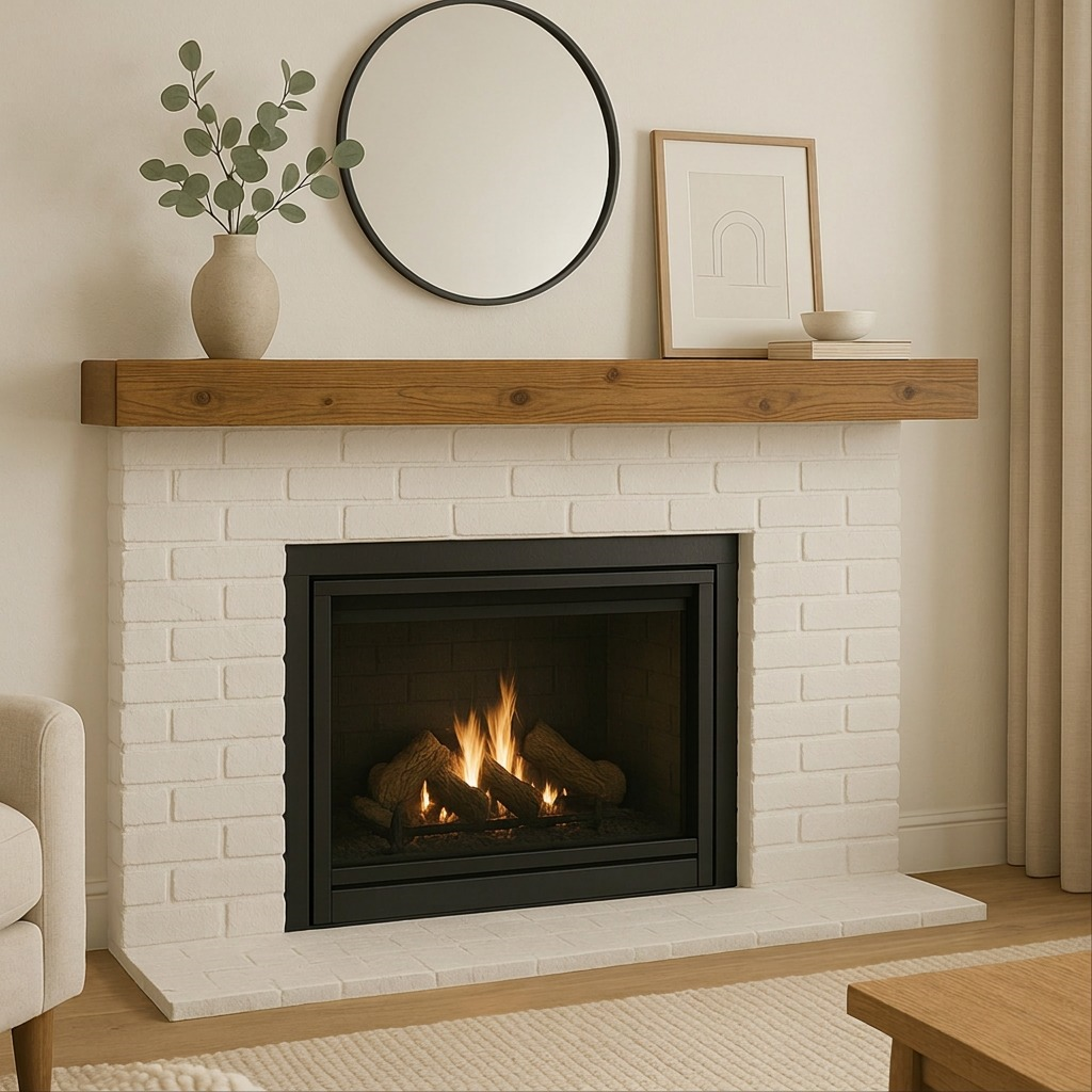 A lifestyle image showing the wood floating beam mantel installed above a burning gas fireplace, with neutral-toned home decor, a round mirror, and framed art.