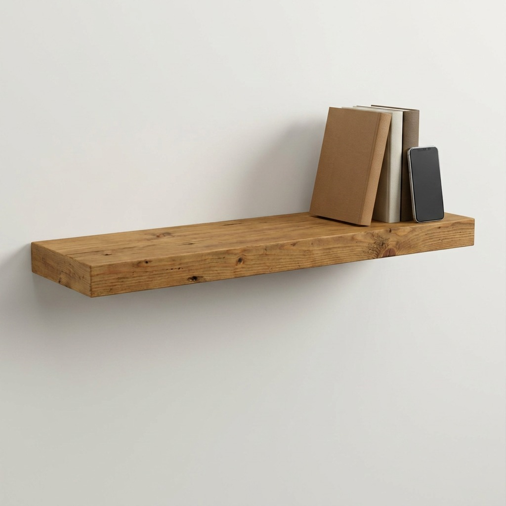 A matrix of images showing the 36-inch honey wood shelf next to everyday objects.