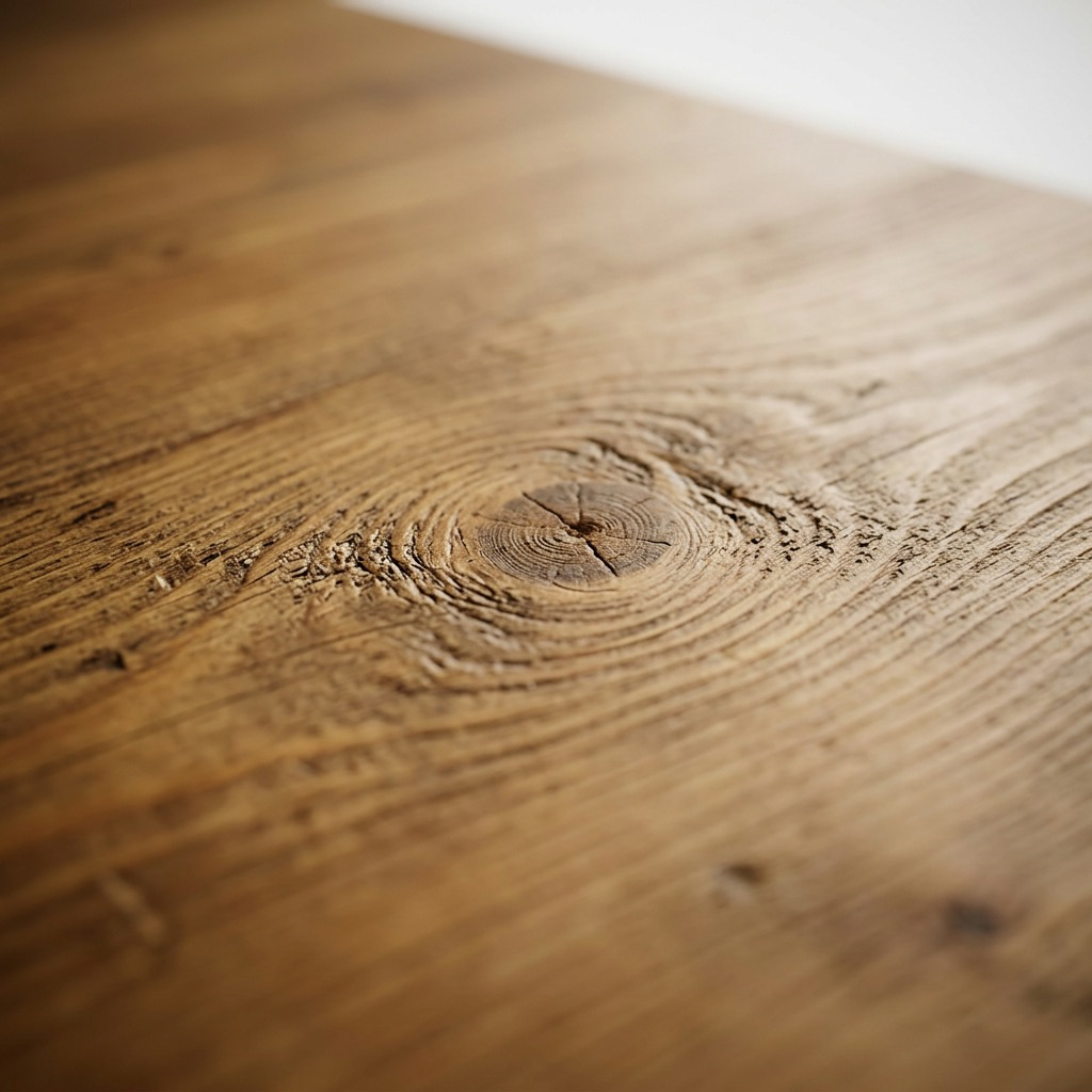 Macro photograph focusing on honey-stained distressed wood grain texture, showing knots and hand-scraped character.