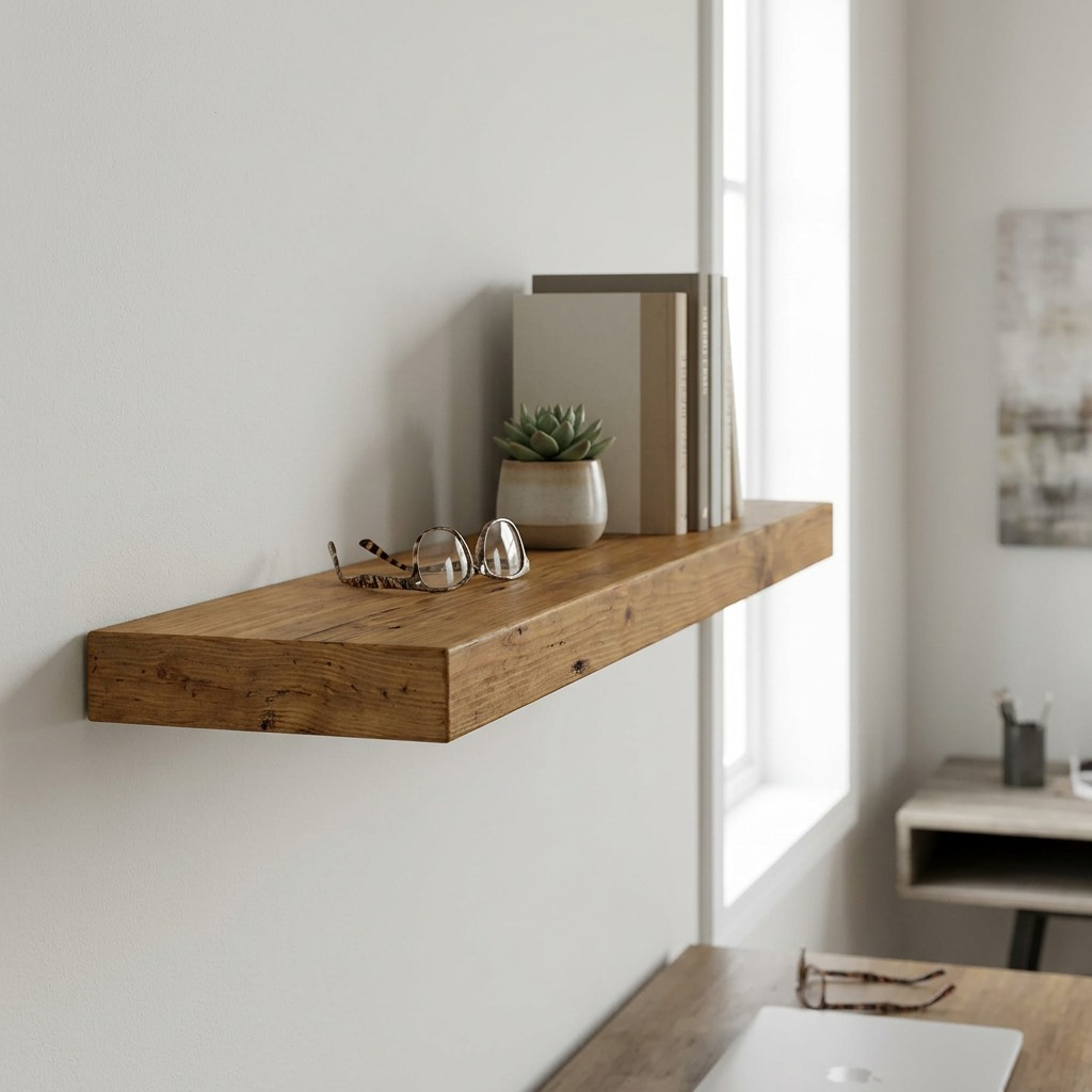 A 36-inch Entrepot La Grange honey wood floating shelf mounted in a home office, displaying books and small plants.